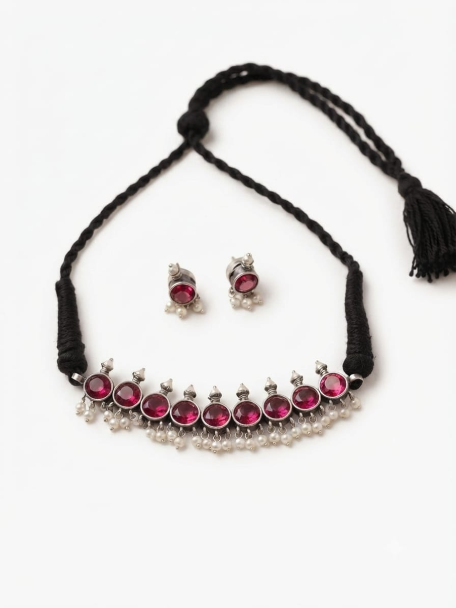 Traditional pink stone silver choker set