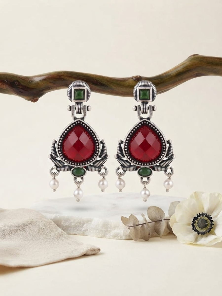 Oxidized silver ruby stone earrings