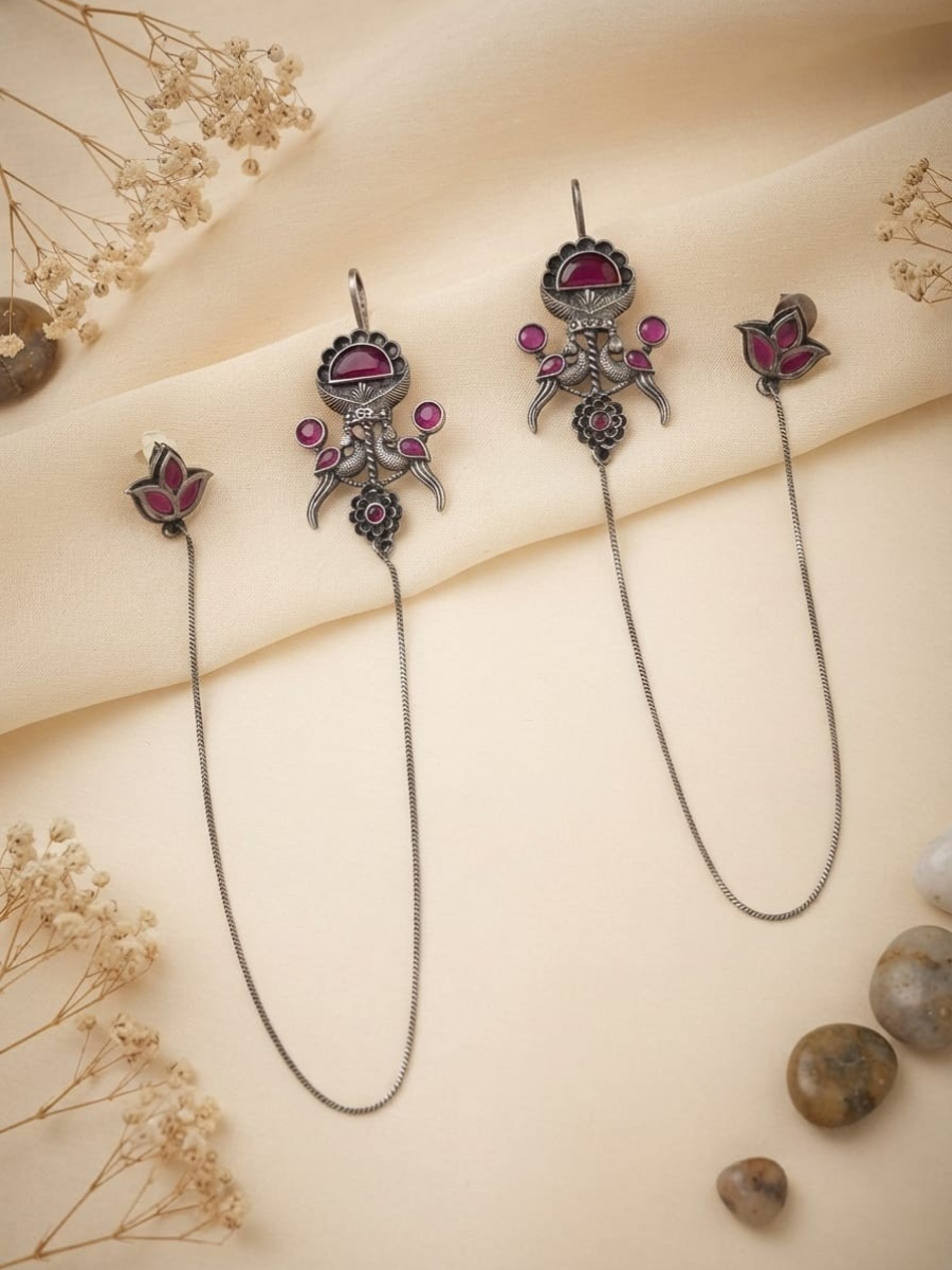 Oxidised silver ruby chain earcuff