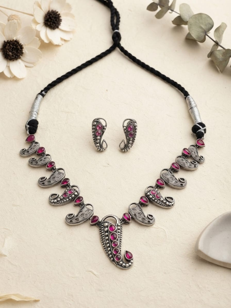 Oxidised Silver Ruby Stones Paisley Choker Necklace Set