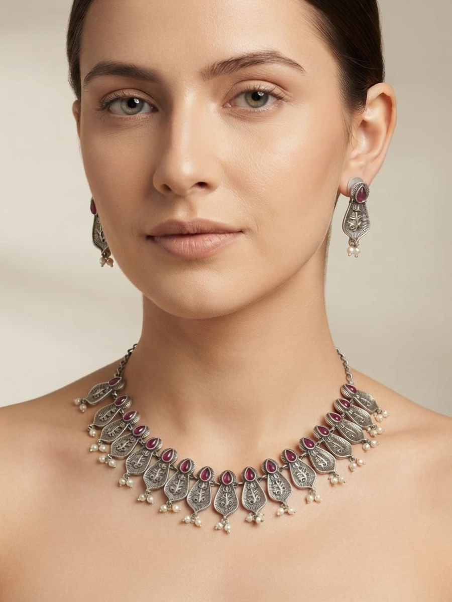 Oxidised Silver Ruby Stones Teardrop Choker Necklace Set