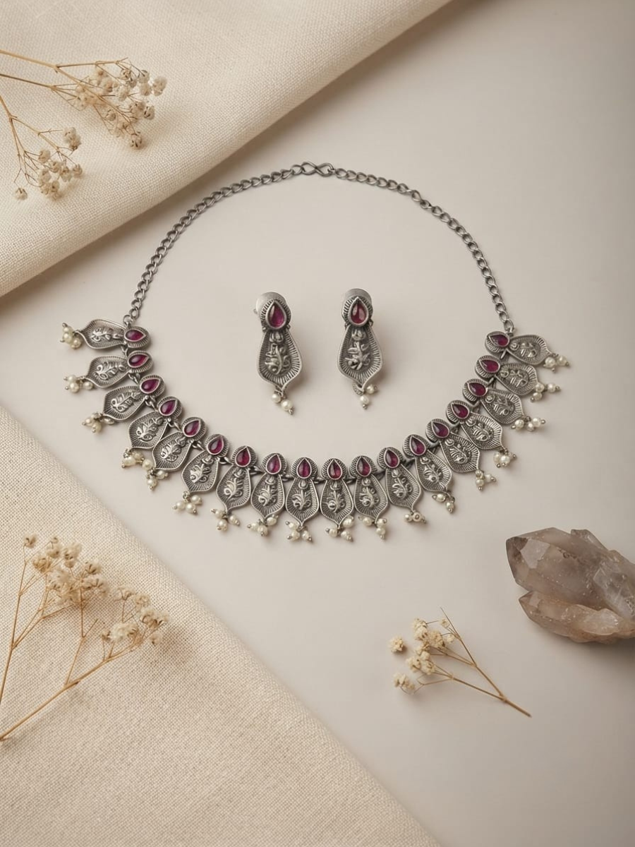 Oxidised silver ruby teardrop choker set