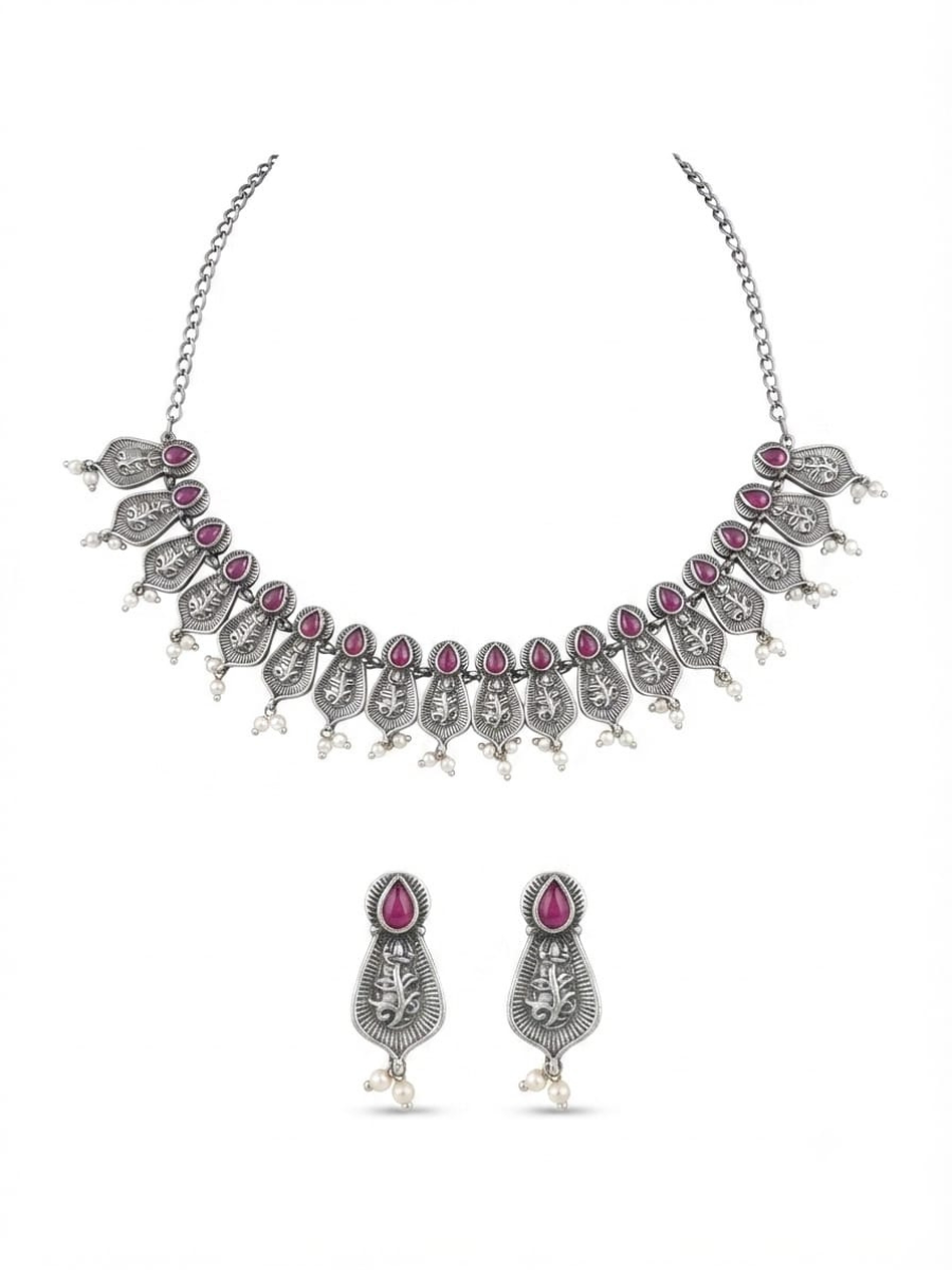Antique silver ruby teardrop necklace set
