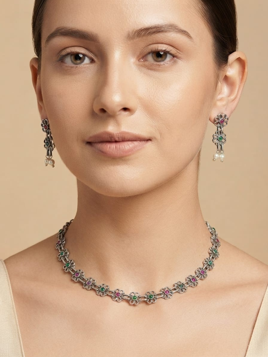 Oxidised Silver Ruby Green Floral Choker