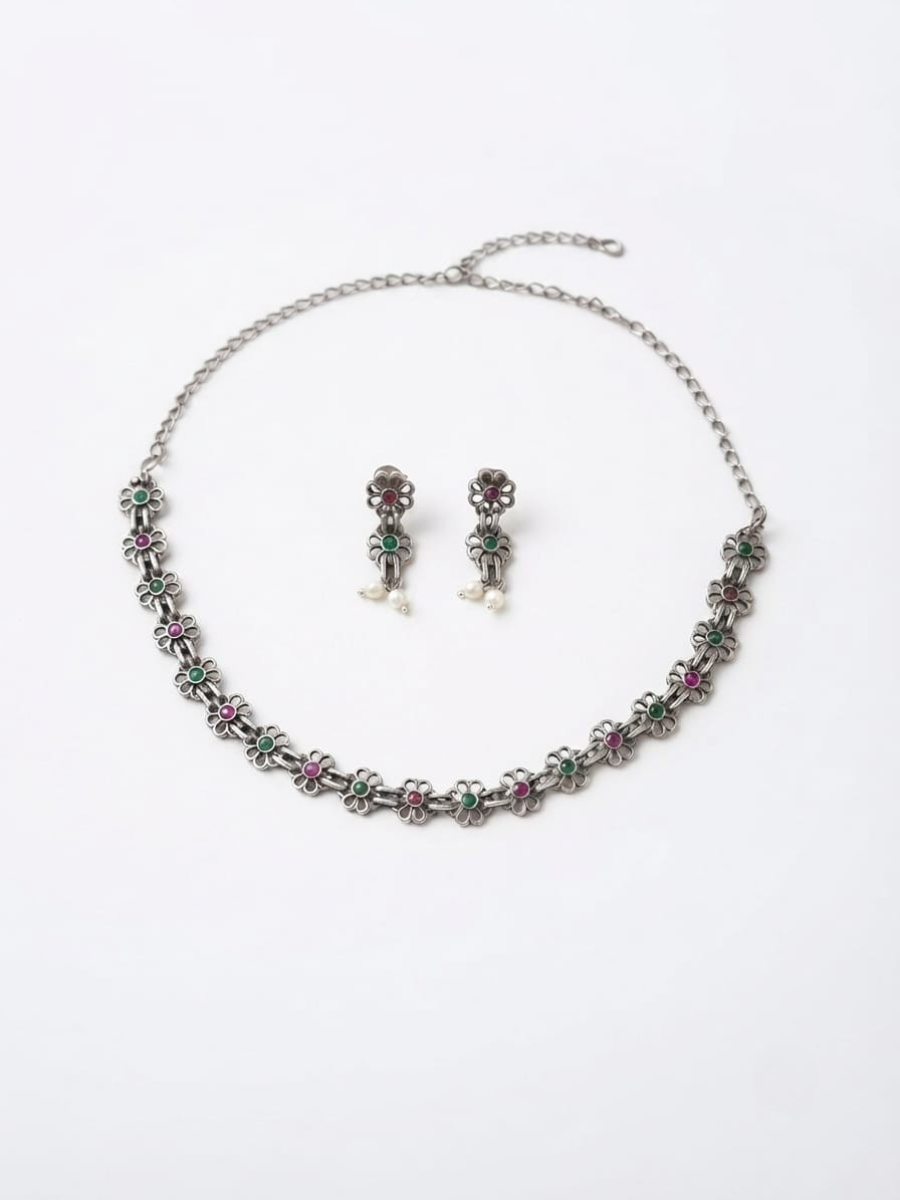 Silver Antique Floral Choker Necklace Set