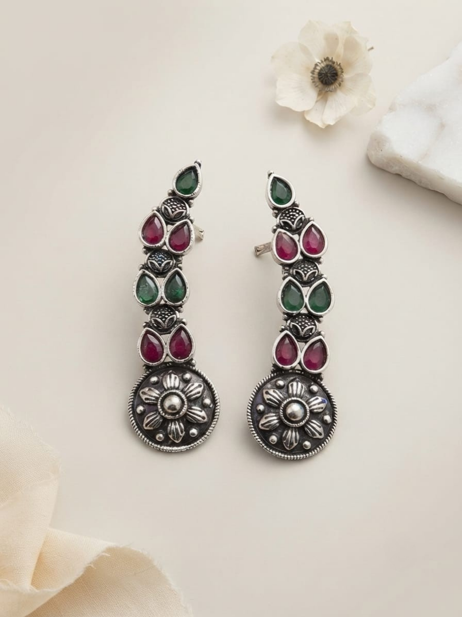 Oxidised Silver Ruby and Green Stones Floral Earcuffs