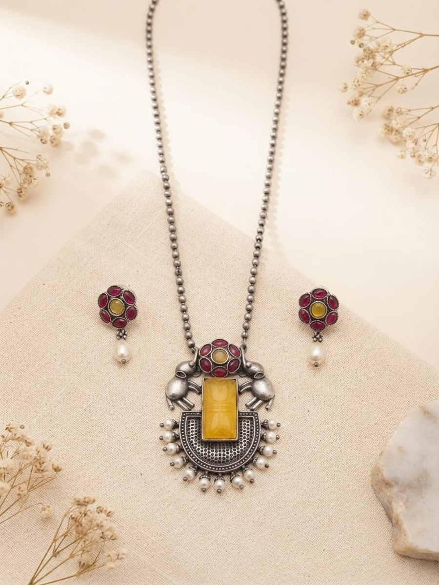 Oxidised Silver Ruby and Yellow Long Chain Necklace Set