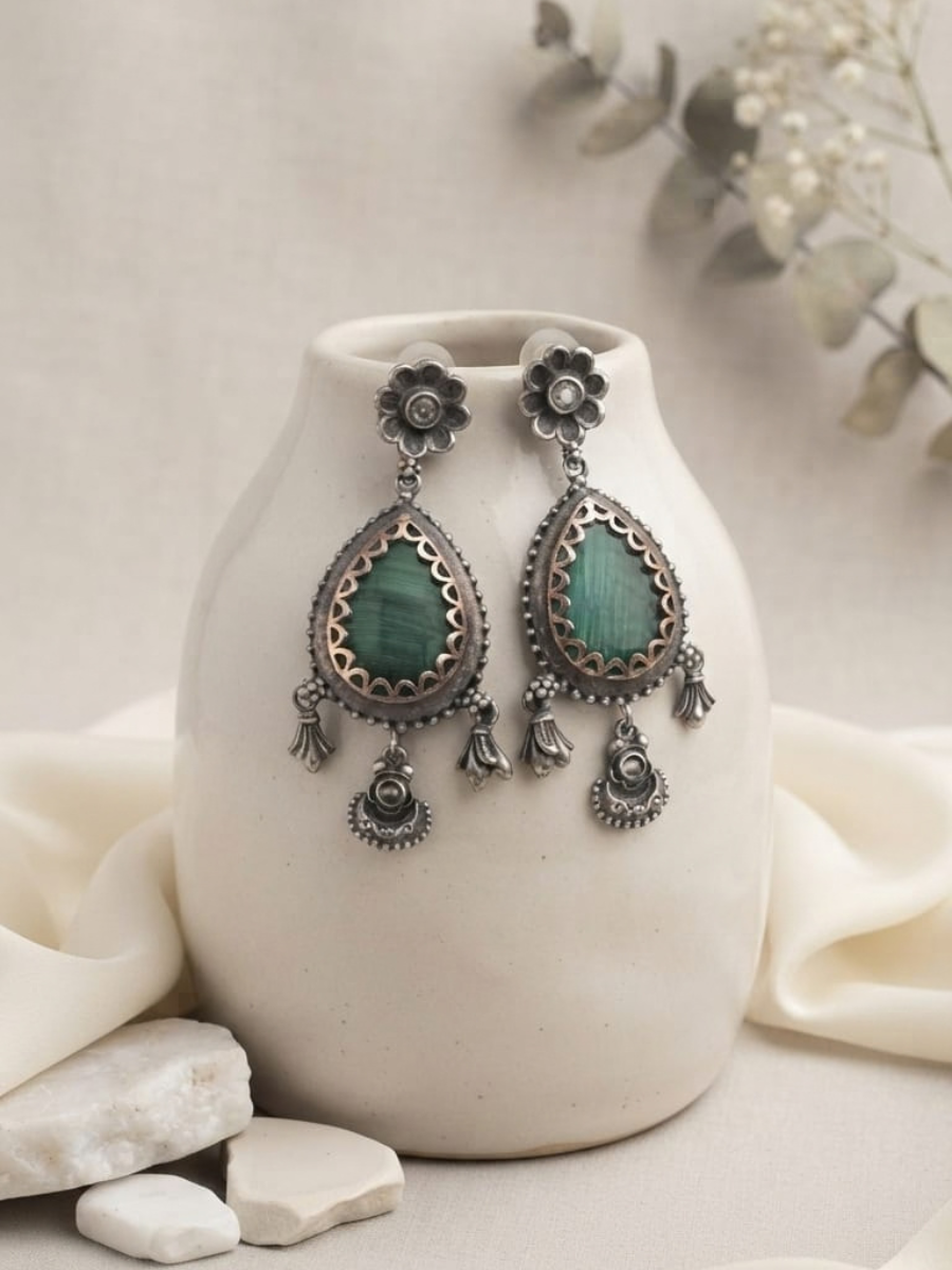 Oxidized silver green stone drop earrings