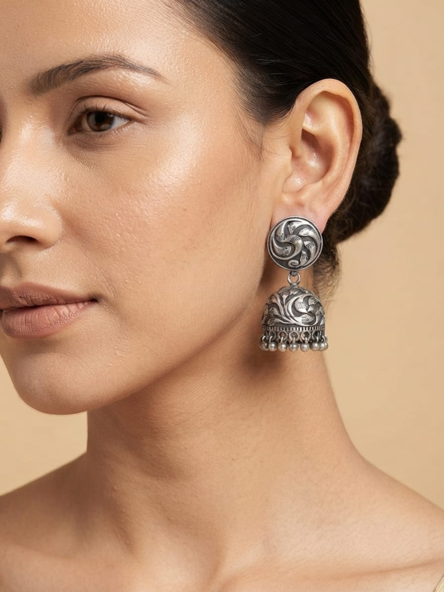Oxidised Silver Swirl Carved Jhumka Earrings