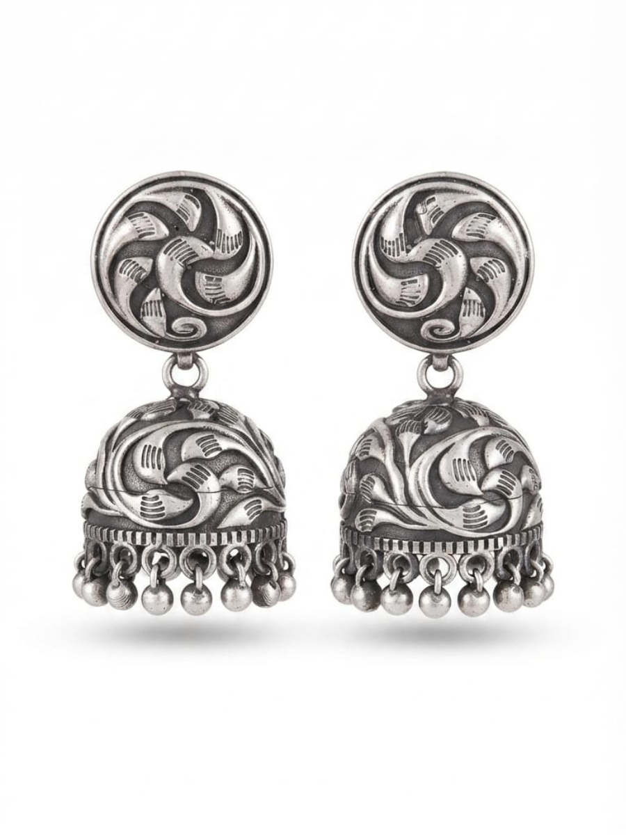 Oxidised Silver Swirl Carved Jhumka Earrings