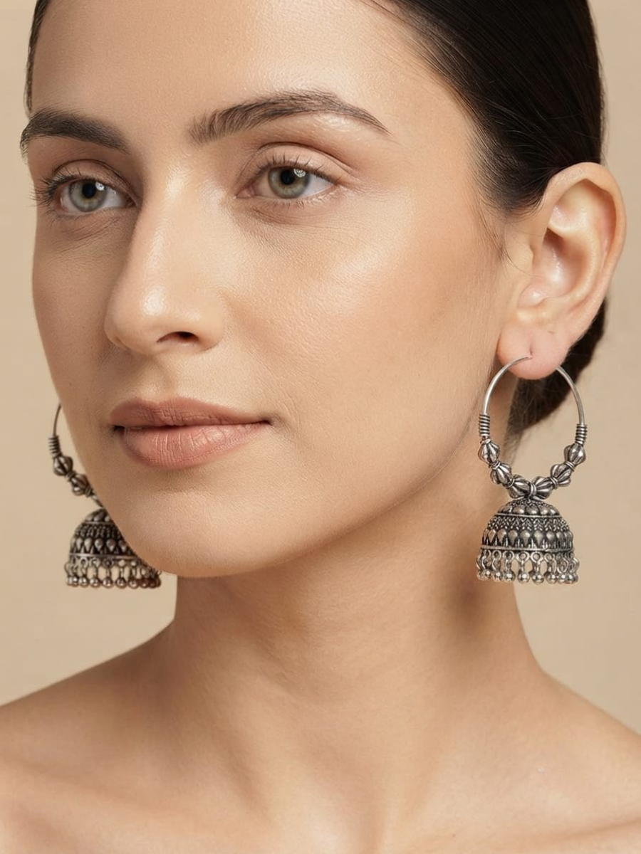 Antique silver ethnic hoop earrings