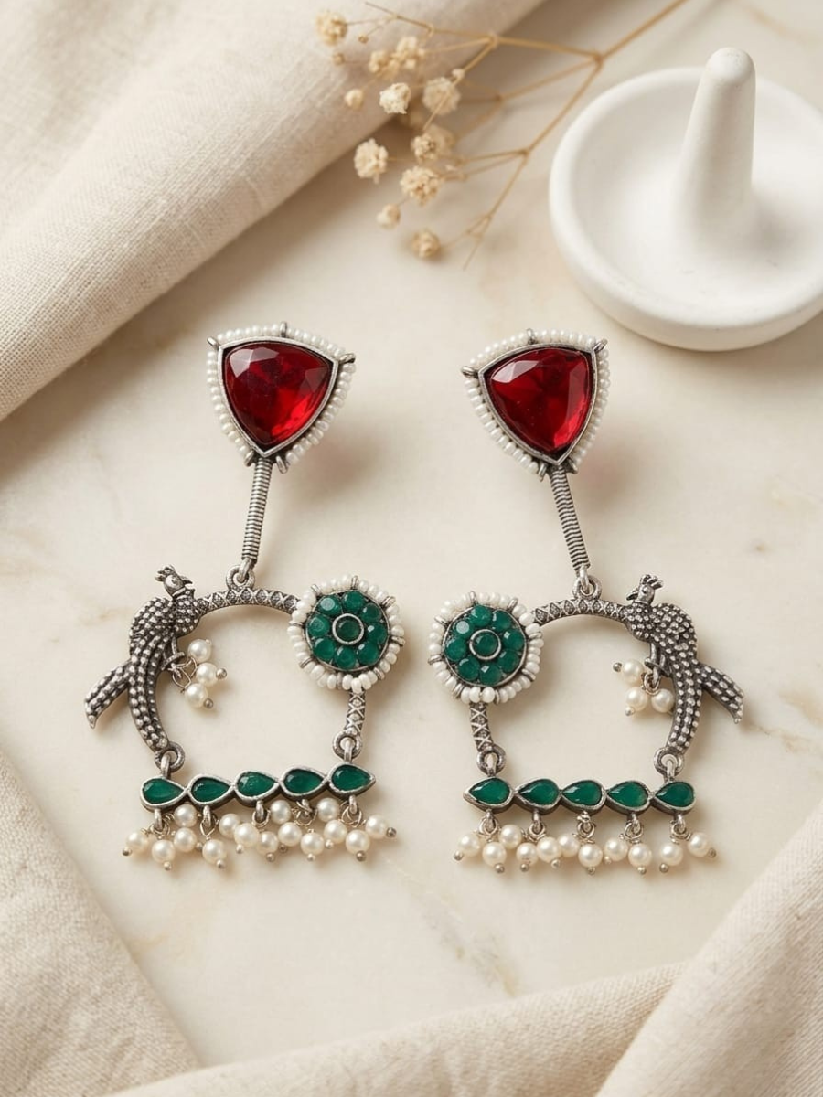Buy Oxidised Silver Traditional Red Green Stone Bird Motif Earrings Online in India