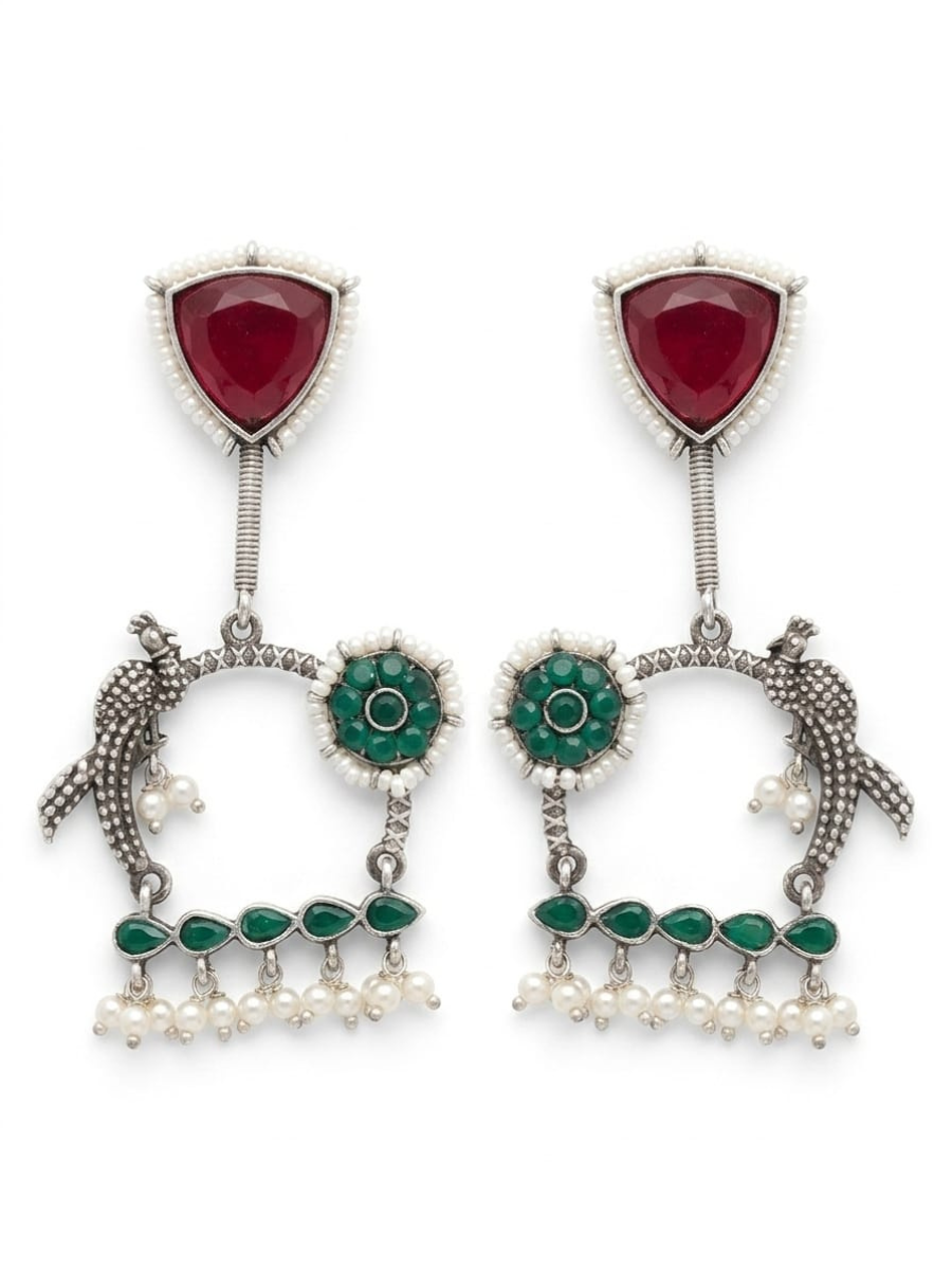 Oxidised Silver Traditional Red Green Stone Bird Motif Earrings