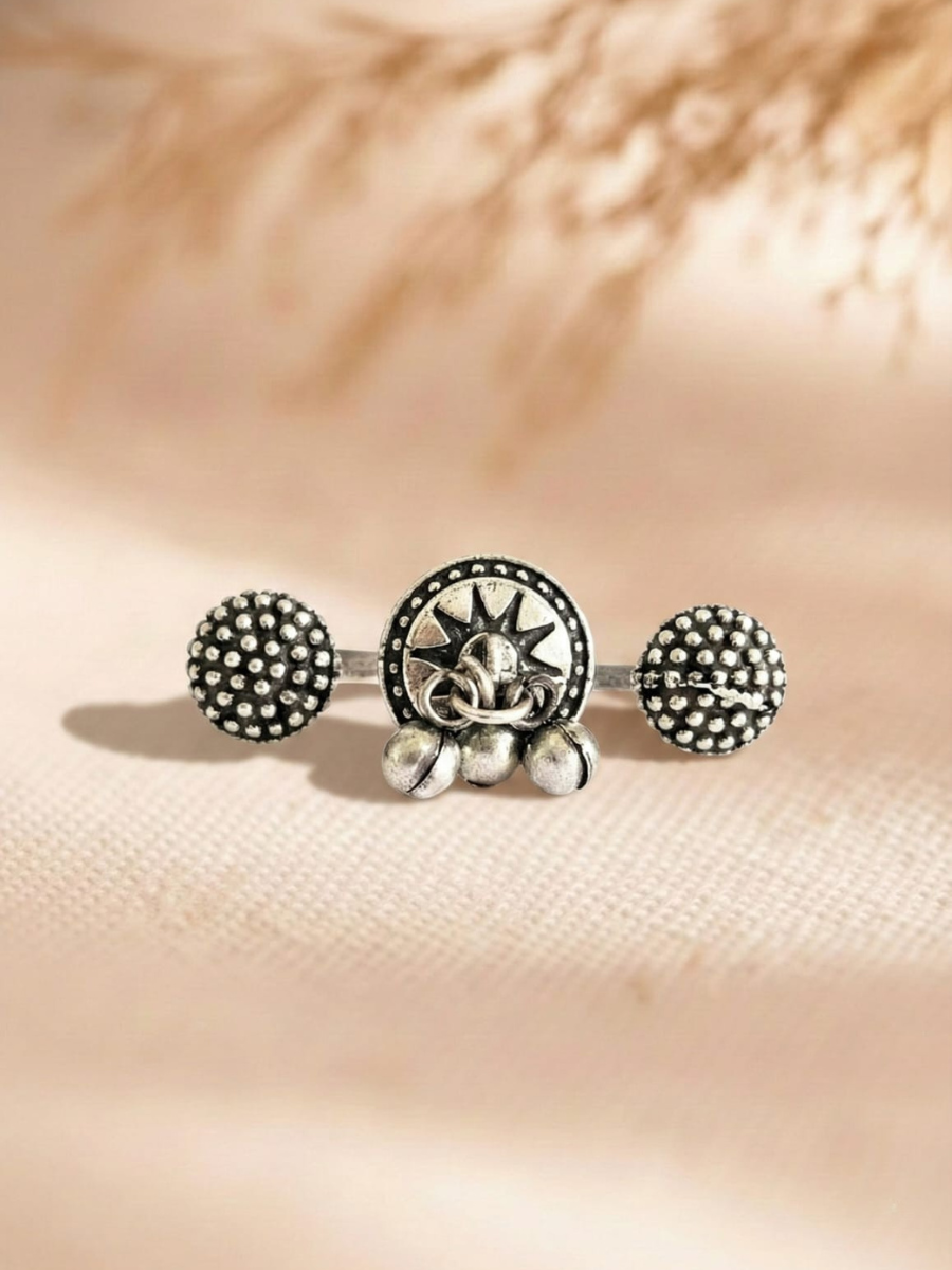 Oxidised silver double finger ring with ghungroos