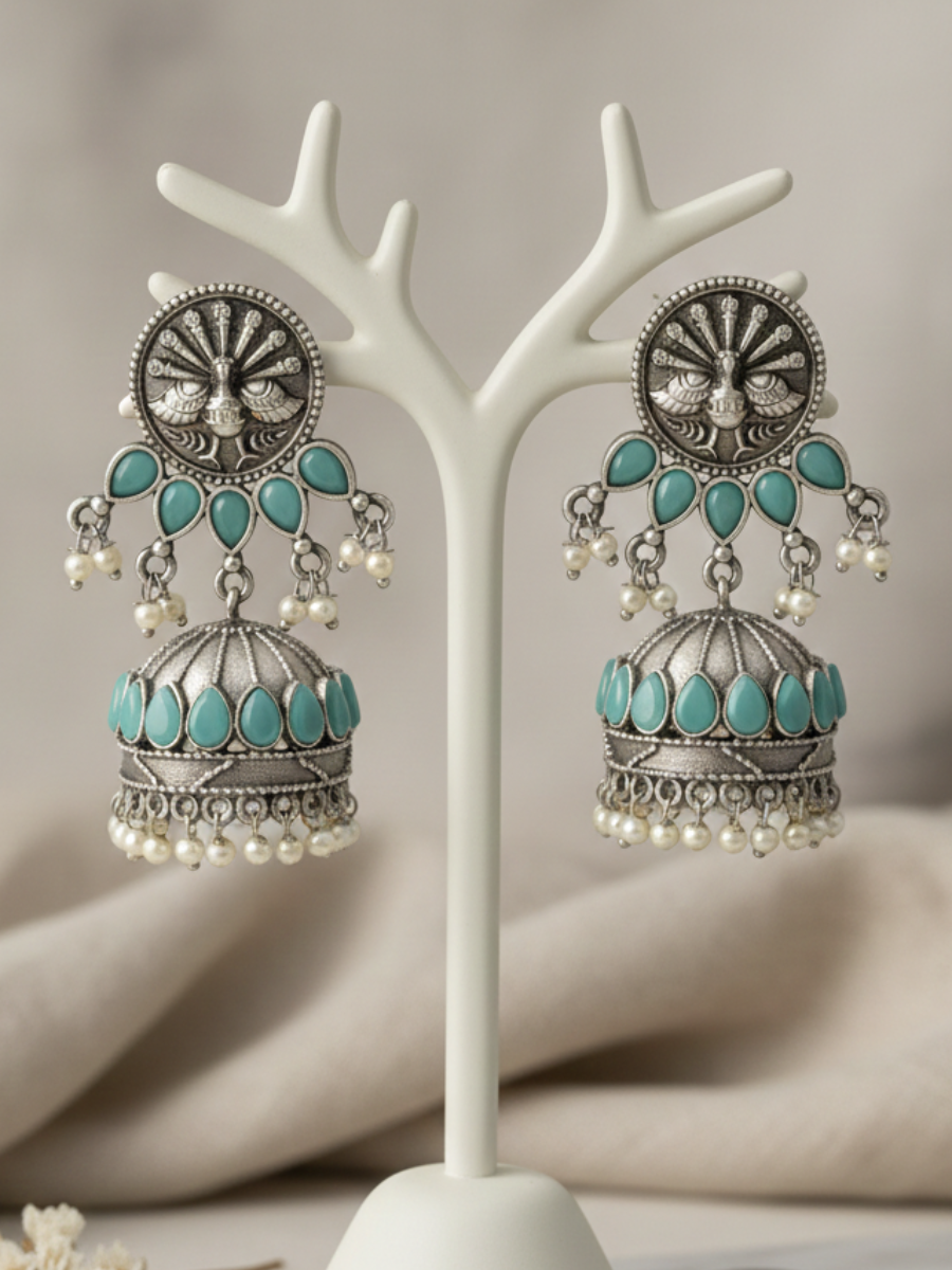 Oxidised silver turquoise peacock jhumkas