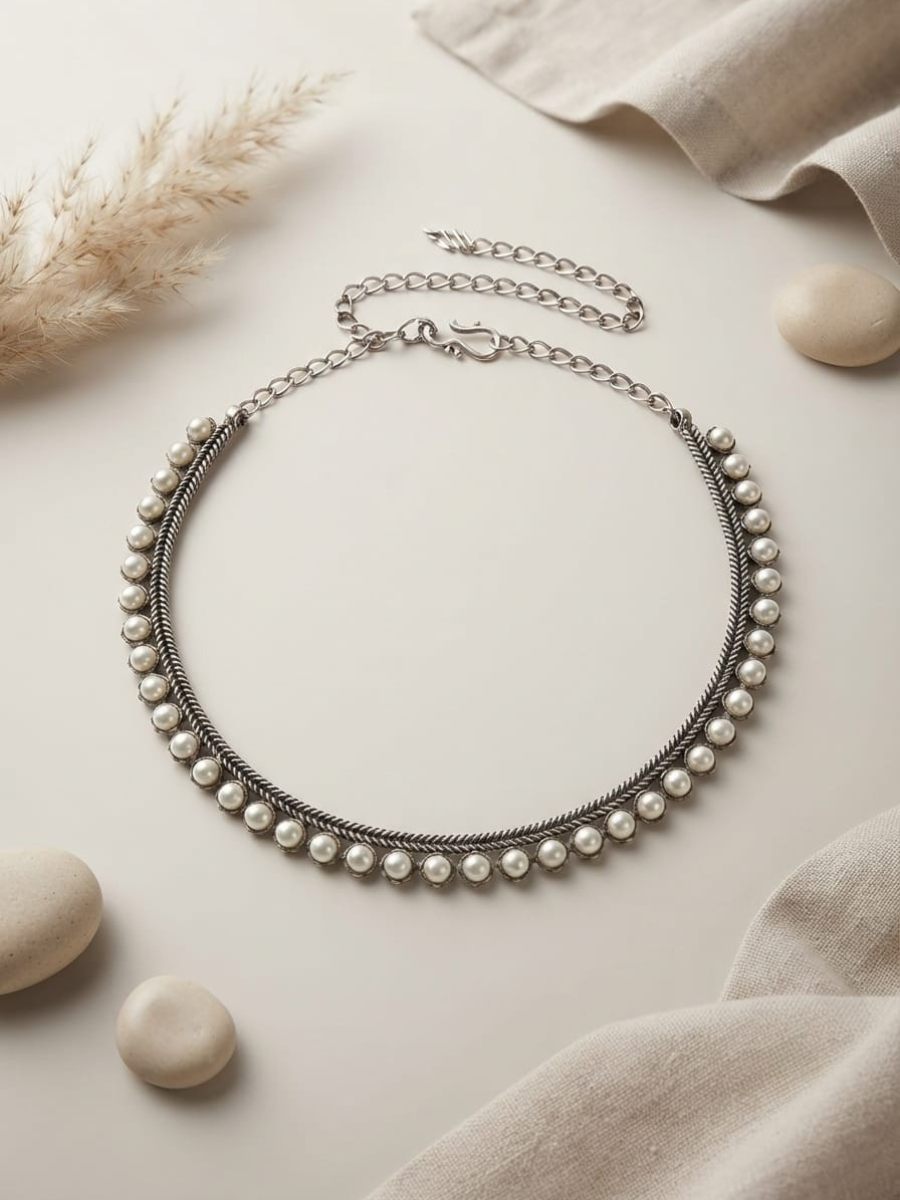 Oxidised silver pearl choker necklace