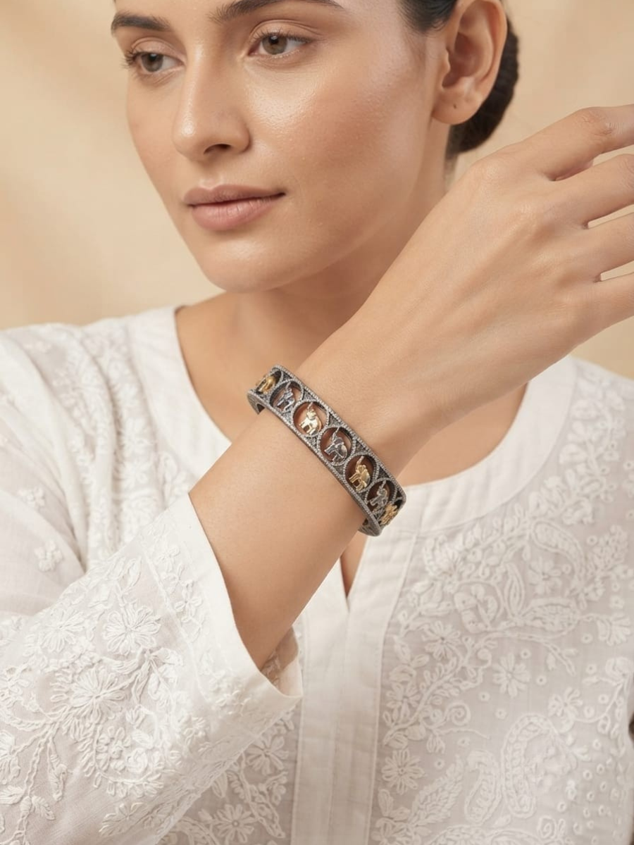 Oxidised two tone elephant motif bangle