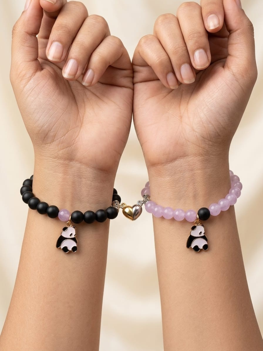 Models wearing Panda Charms Black and Purple Beaded Friendship Bracelets