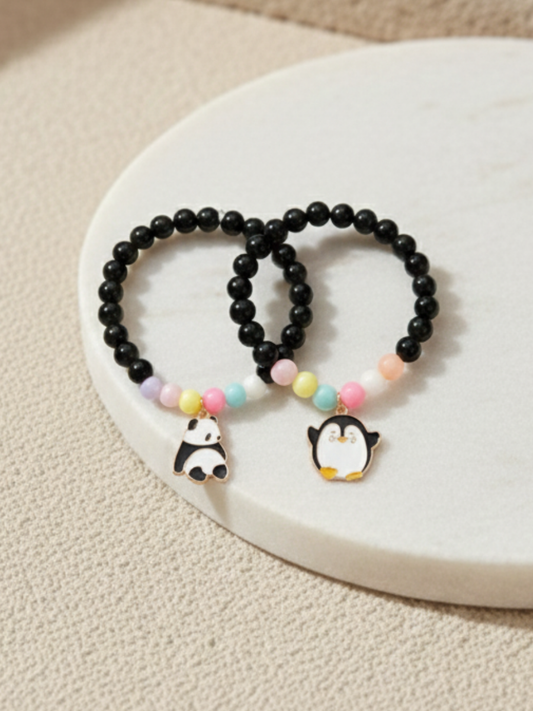 Panda and Penguin Charms Black Beaded Beacelets