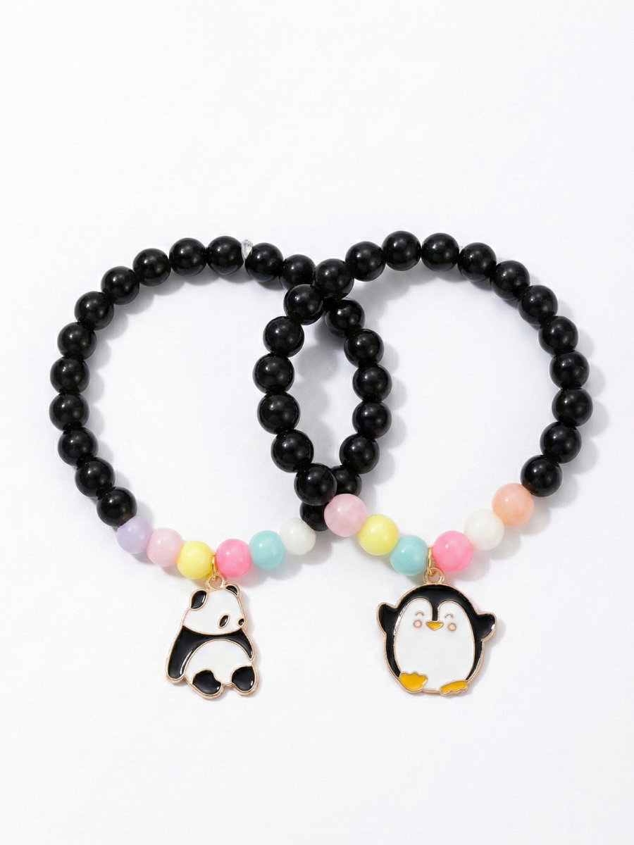 Black Beaded Panda and Penguin Charms Beacelets