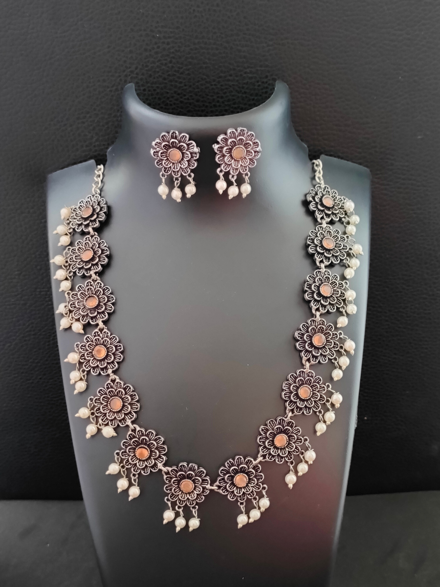 Buy Peach Flower Shaped Oxidised Silver Necklace Set with Earrings