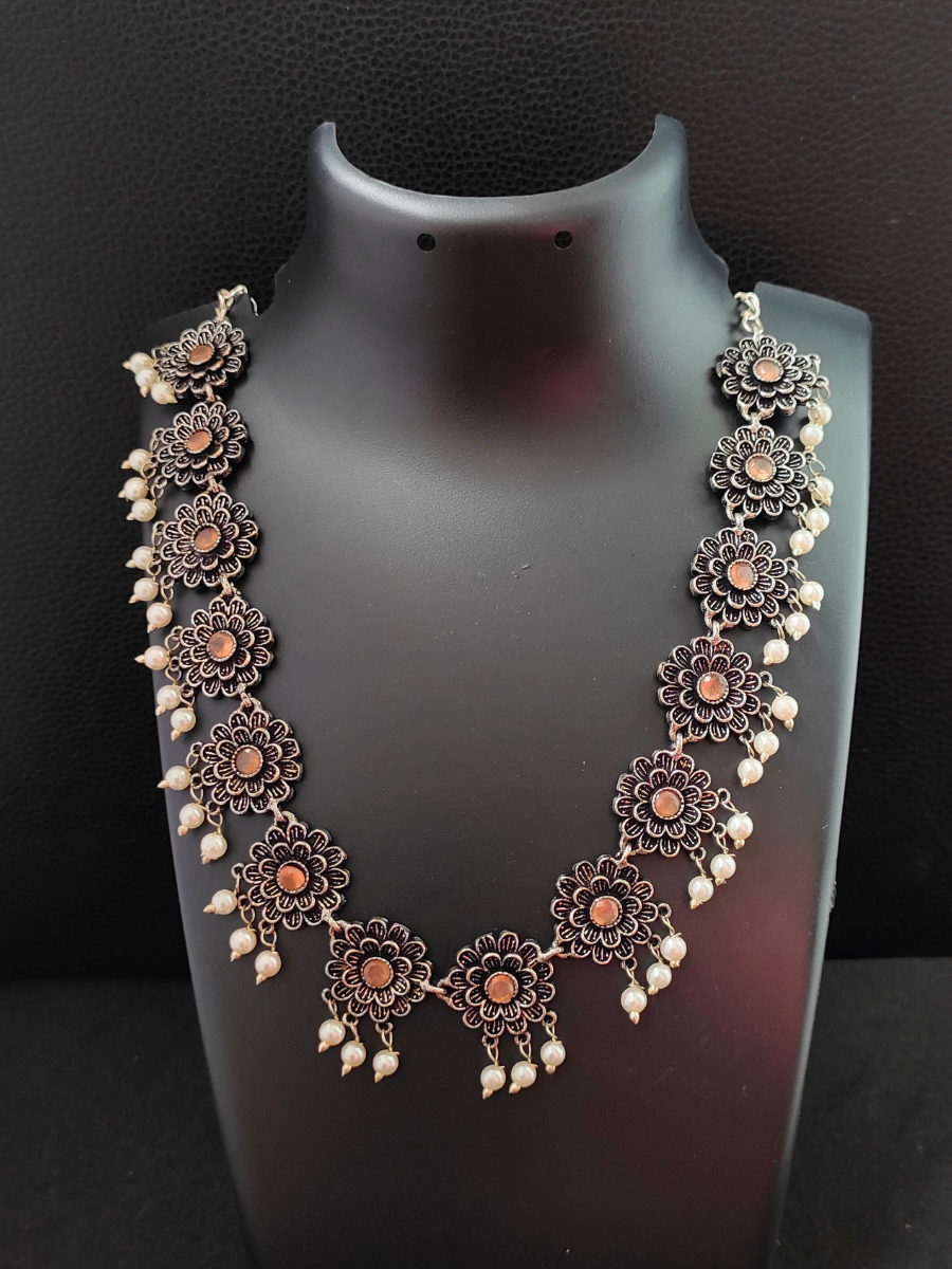 Peach Flower Shaped Oxidised Silver Necklace Set - TheJewelbox