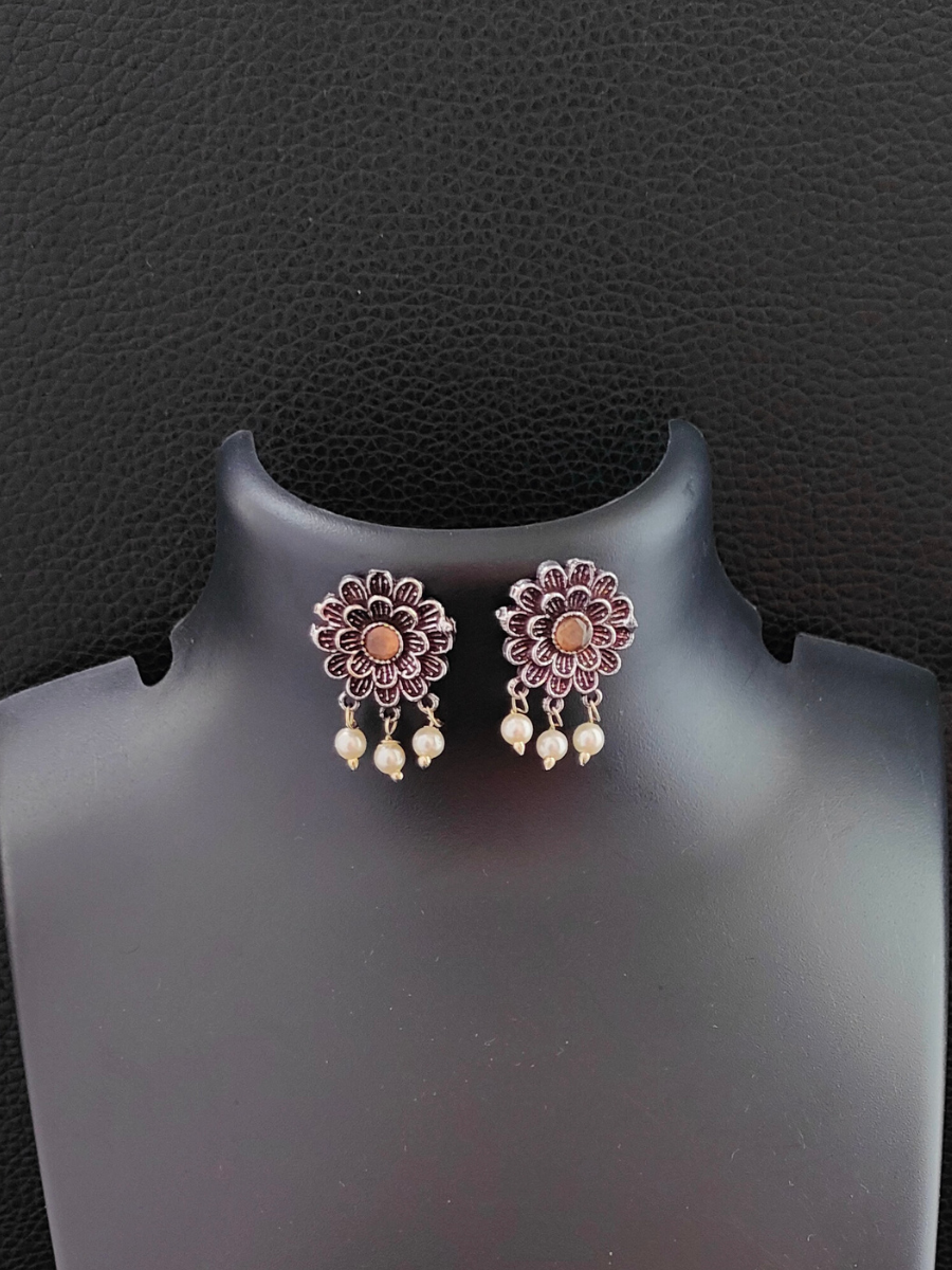 Peach Flower Shaped Oxidised Silver Earrings