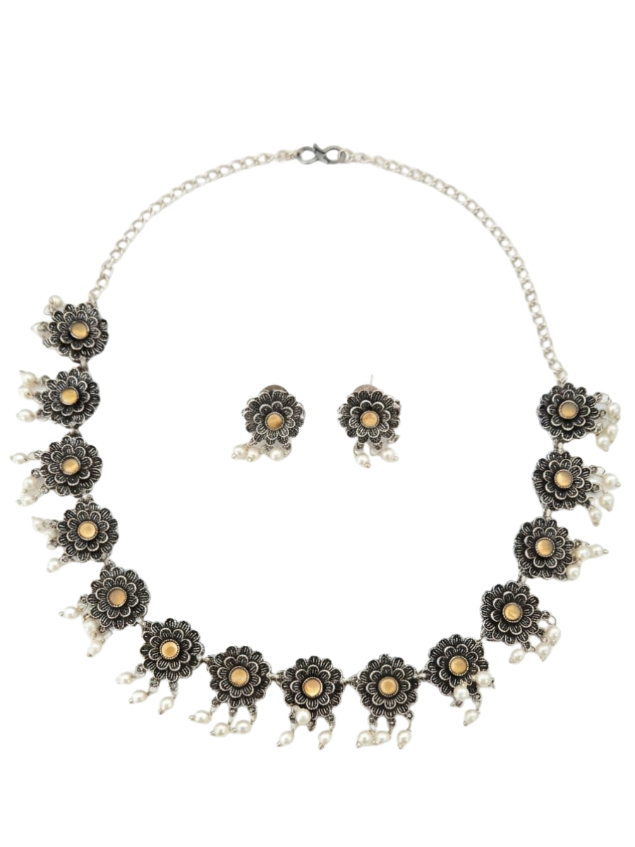Peach Flower Shaped Oxidised Silver Necklace Set with Earrings