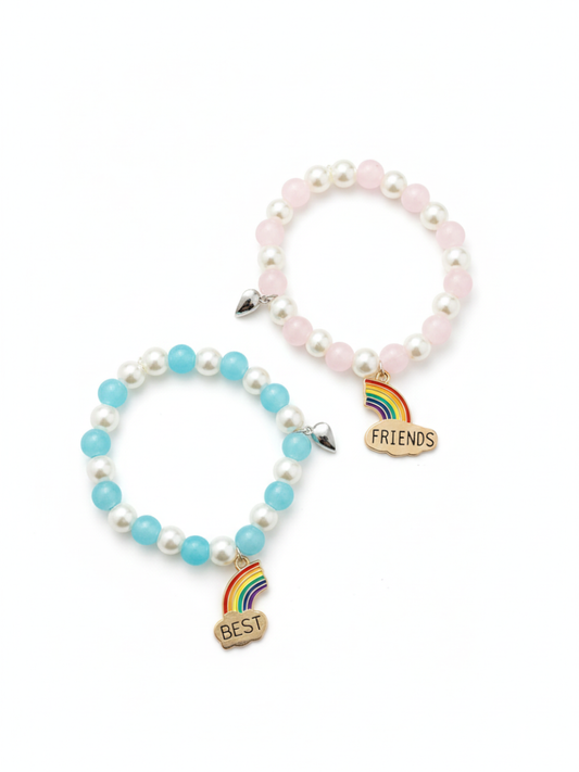 Baby Pink and Blue Pearl Beaded Best Friends Charm Bracelets