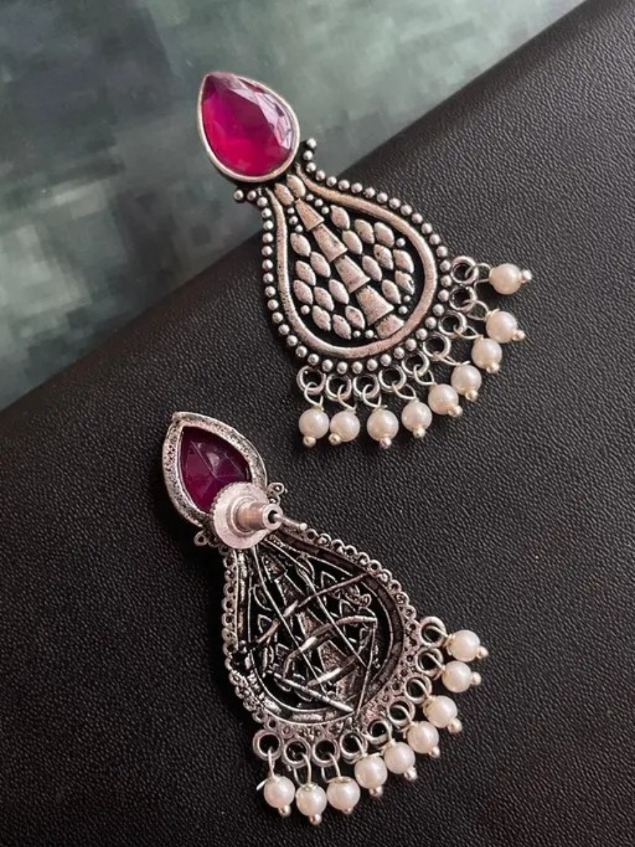 Oxidised Silver Pink Monalisa Stone Teardrop Earrings