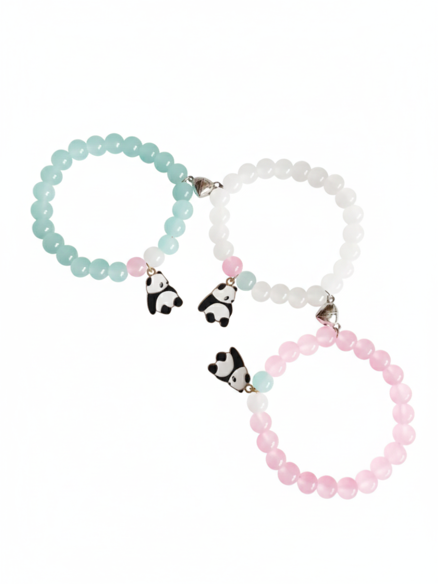 Pink, White, and Sky Blue Panda Charm Beaded BFF Bracelets for 3
