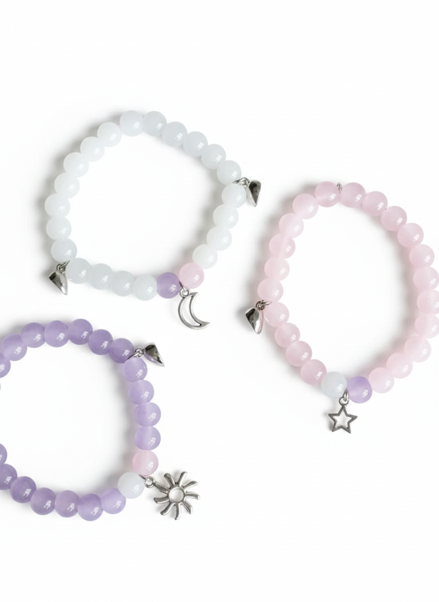 Pink, White and Purple Beaded Charm Best Friend Bracelets - TheJewelbox