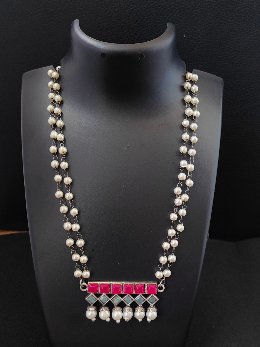 Long Oxidised Pearl Necklace Set