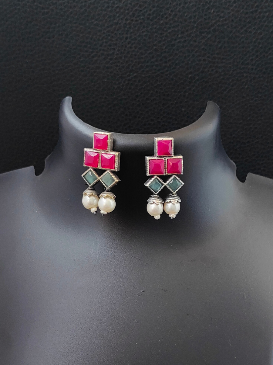 Pink and Sea Green Stone Oxidised Silver Earrings