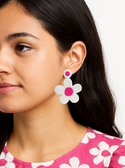 Pink and White Daisy Flower Drop Beaded Earrings