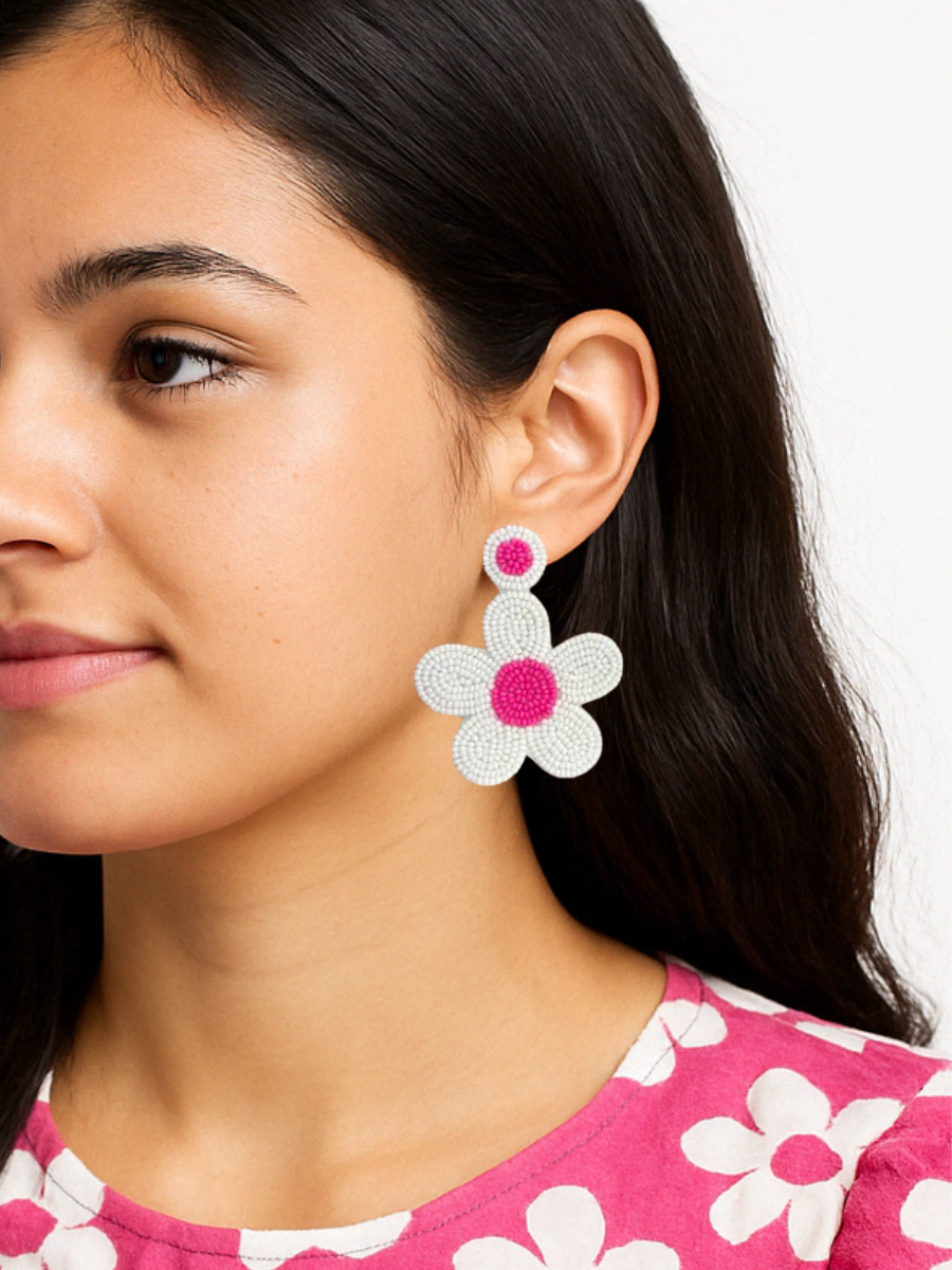 Pink and White Daisy Flower Drop Beaded Earrings
