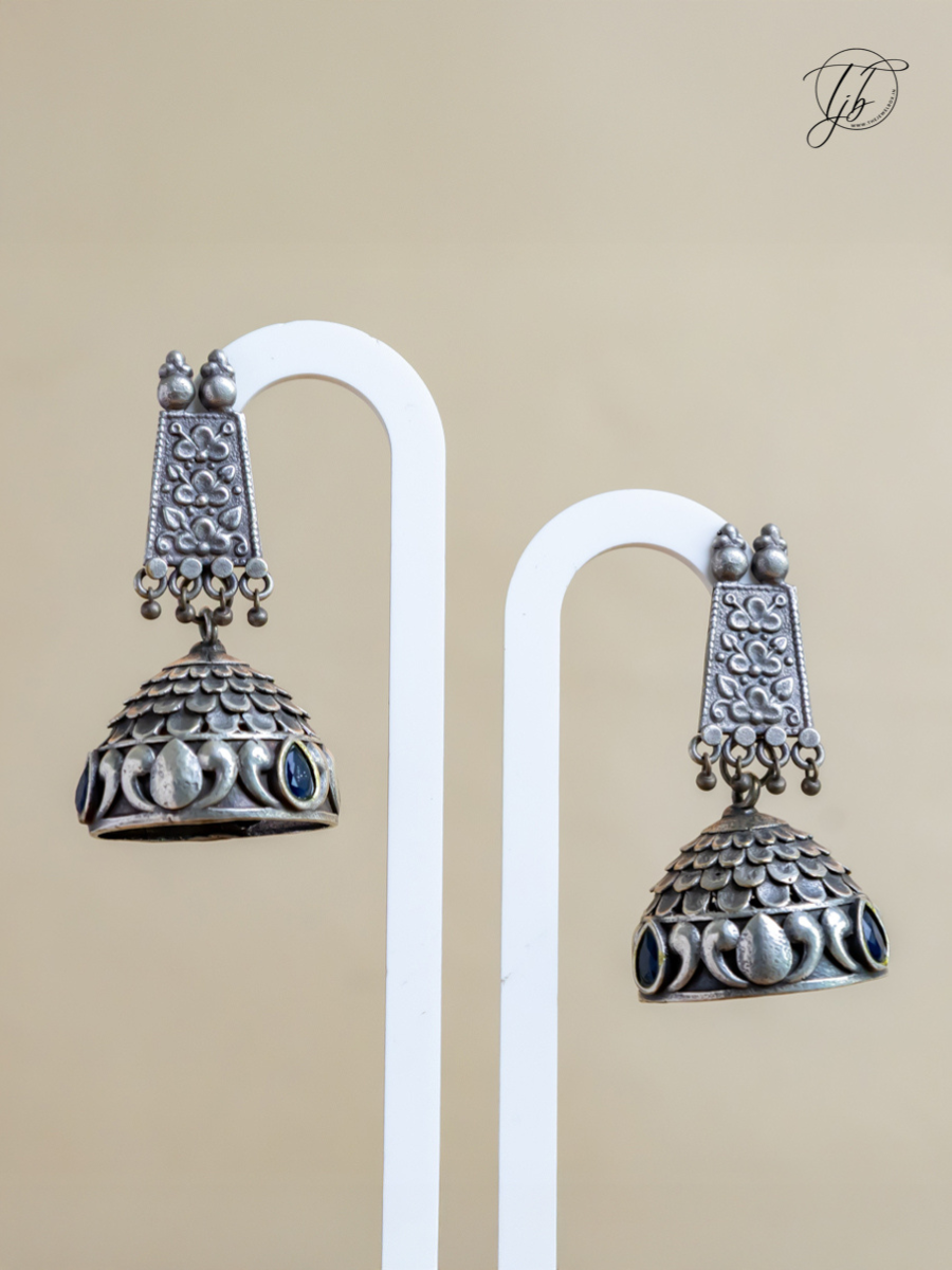 Buy Premium Blue Stones German Silver Oxidised Jhumka Earrings Online - TheJewelbox