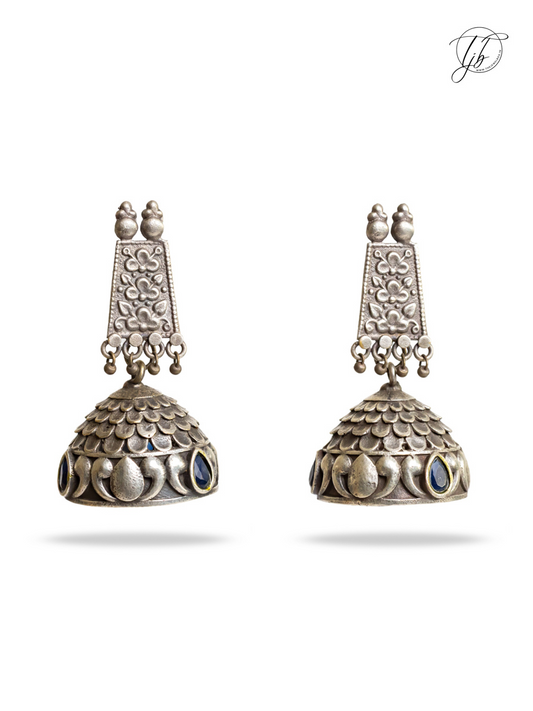 Premium Blue Stones German Silver Oxidised Jhumka Earrings