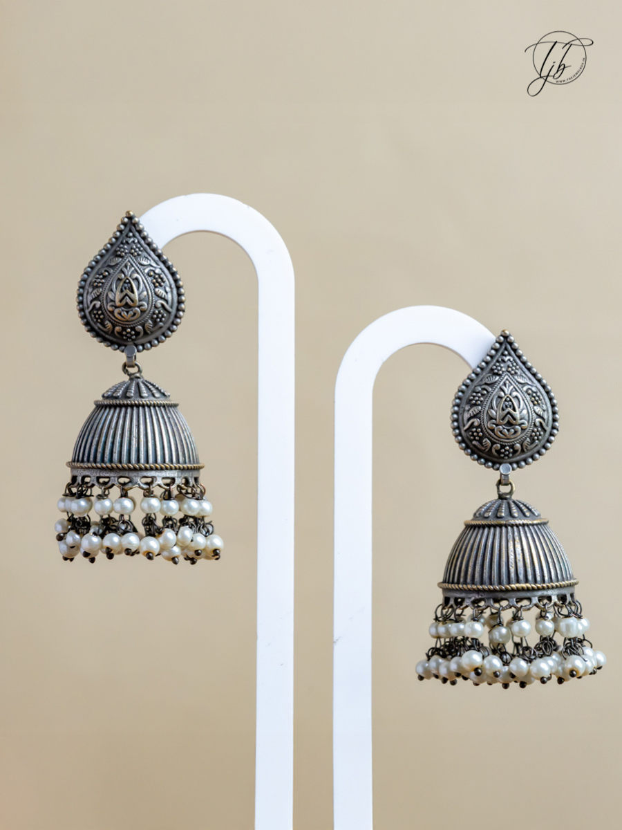 Buy Premium Pearl Drops German Silver Oxidised Jhumka Earrings-TheJewelbox- Online - TheJewelbox