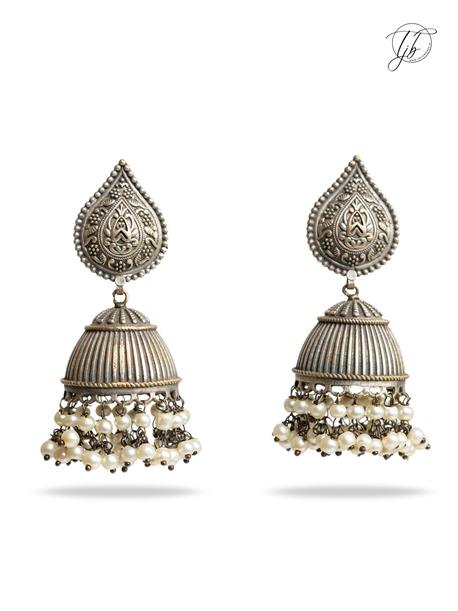 Premium Pearl Drops German Silver Oxidised Jhumka Earrings-TheJewelbox-