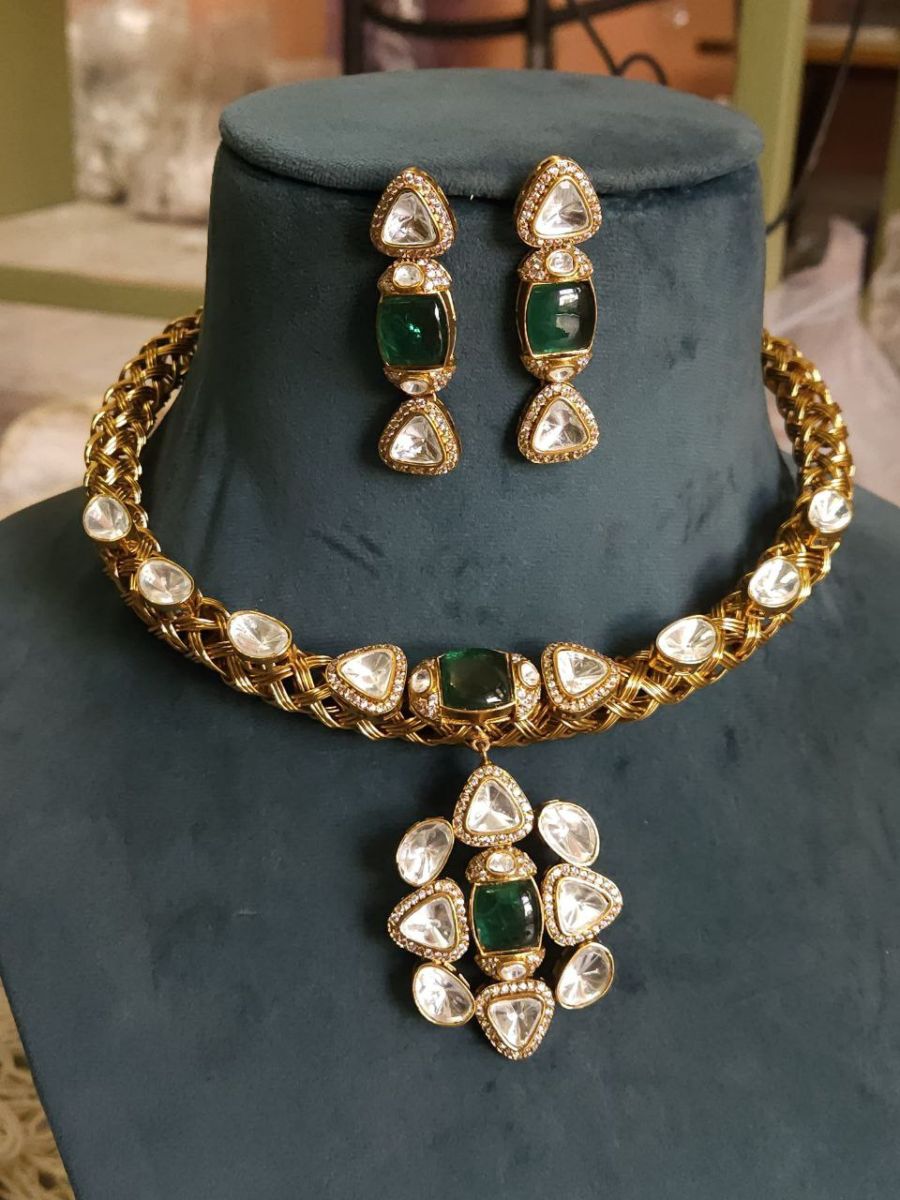Premium Quality Green Stones Polki Kundan Hasli Necklace Set