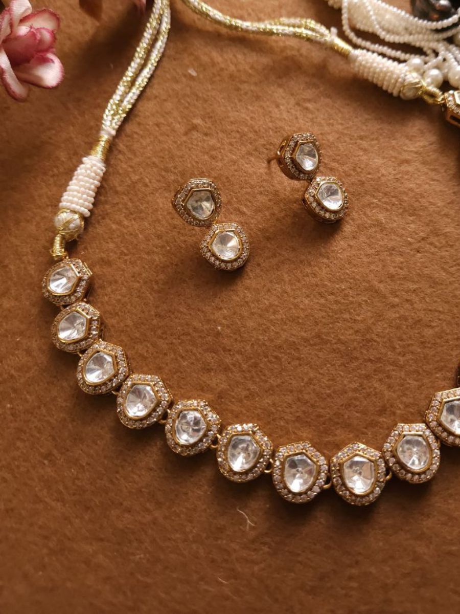 Premium Silver Foiled Polki Kundan Choker Necklace Set