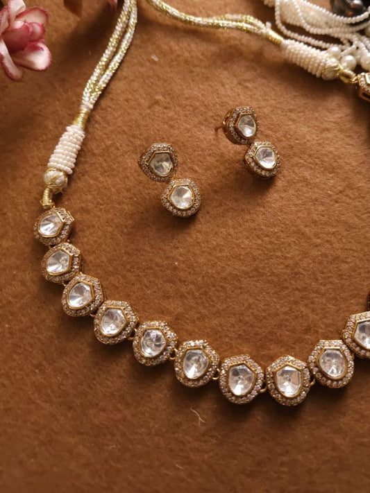 Premium Silver Foiled Polki Kundan Choker Necklace Set
