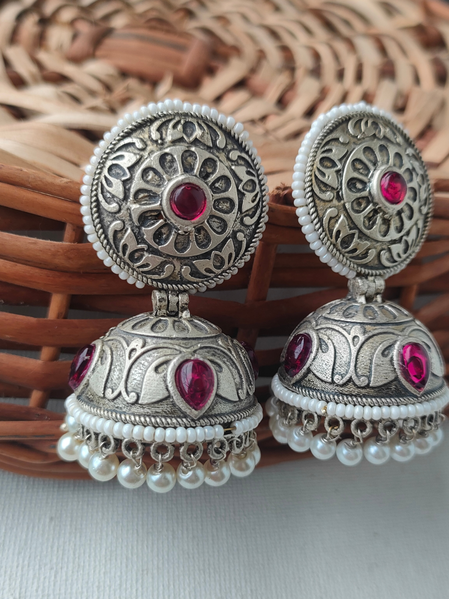 Rani Pink Oxidised Jhumka Earrings