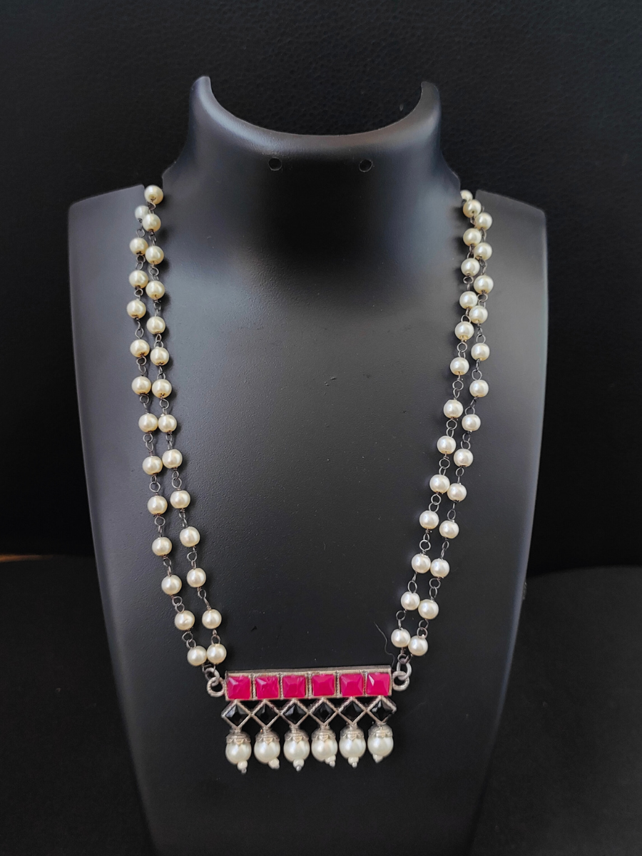 Long Oxidised Pearl Necklace Set