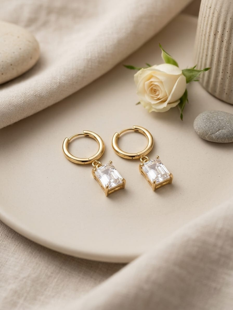 Buy Rectangular Diamond Drop Golden Huggie hoop Earrings Online in India