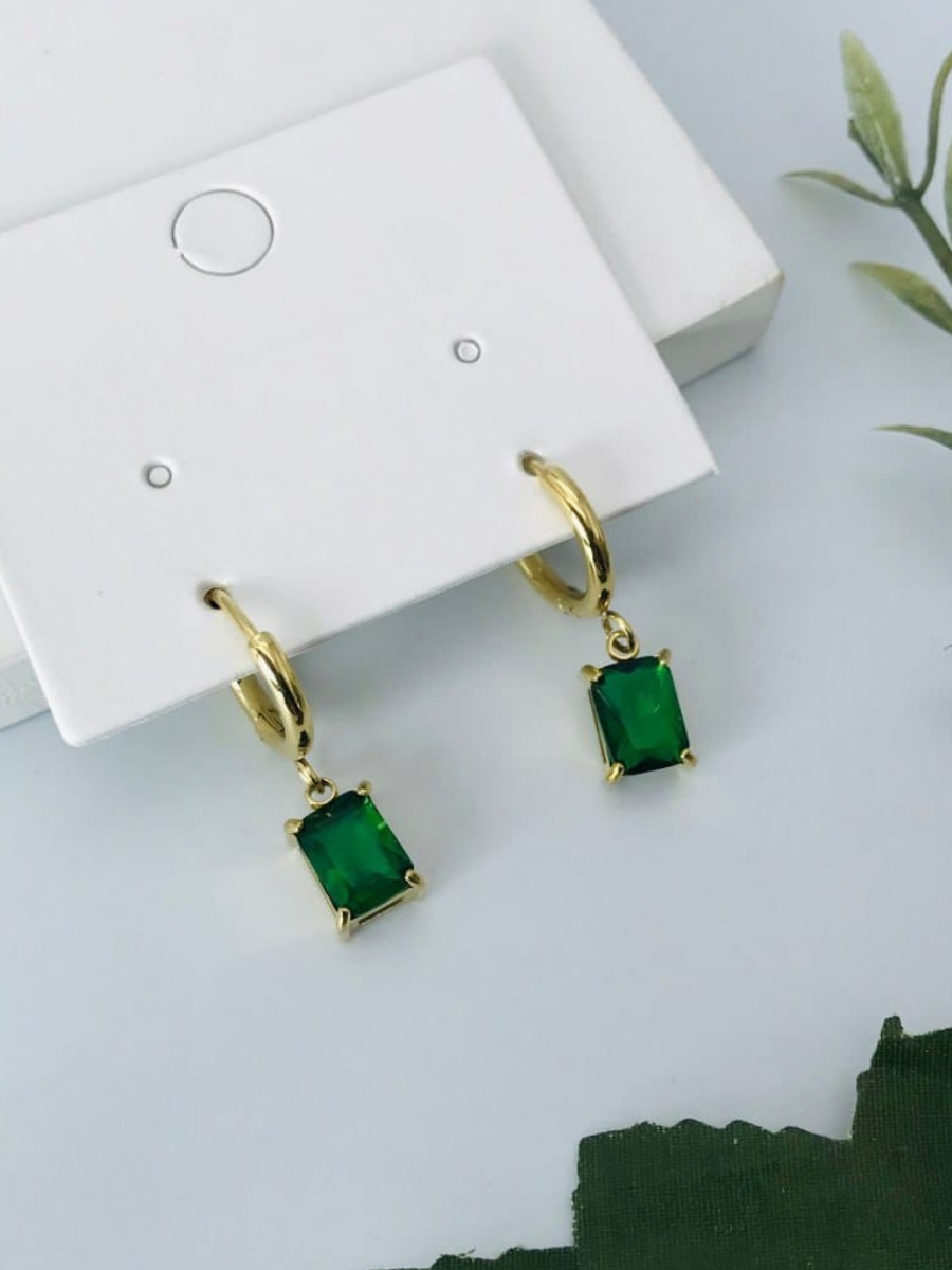 Buy Rectangular Green Stone Drop Golden Huggie Hoop Earrings Online - TheJewelbox