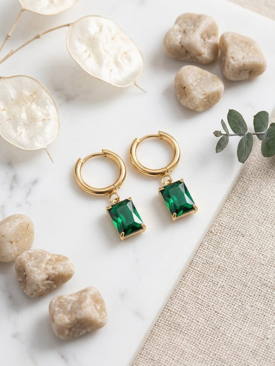 Buy Rectangular Green Stone Drop Golden Huggie Hoop Earrings Online in India
