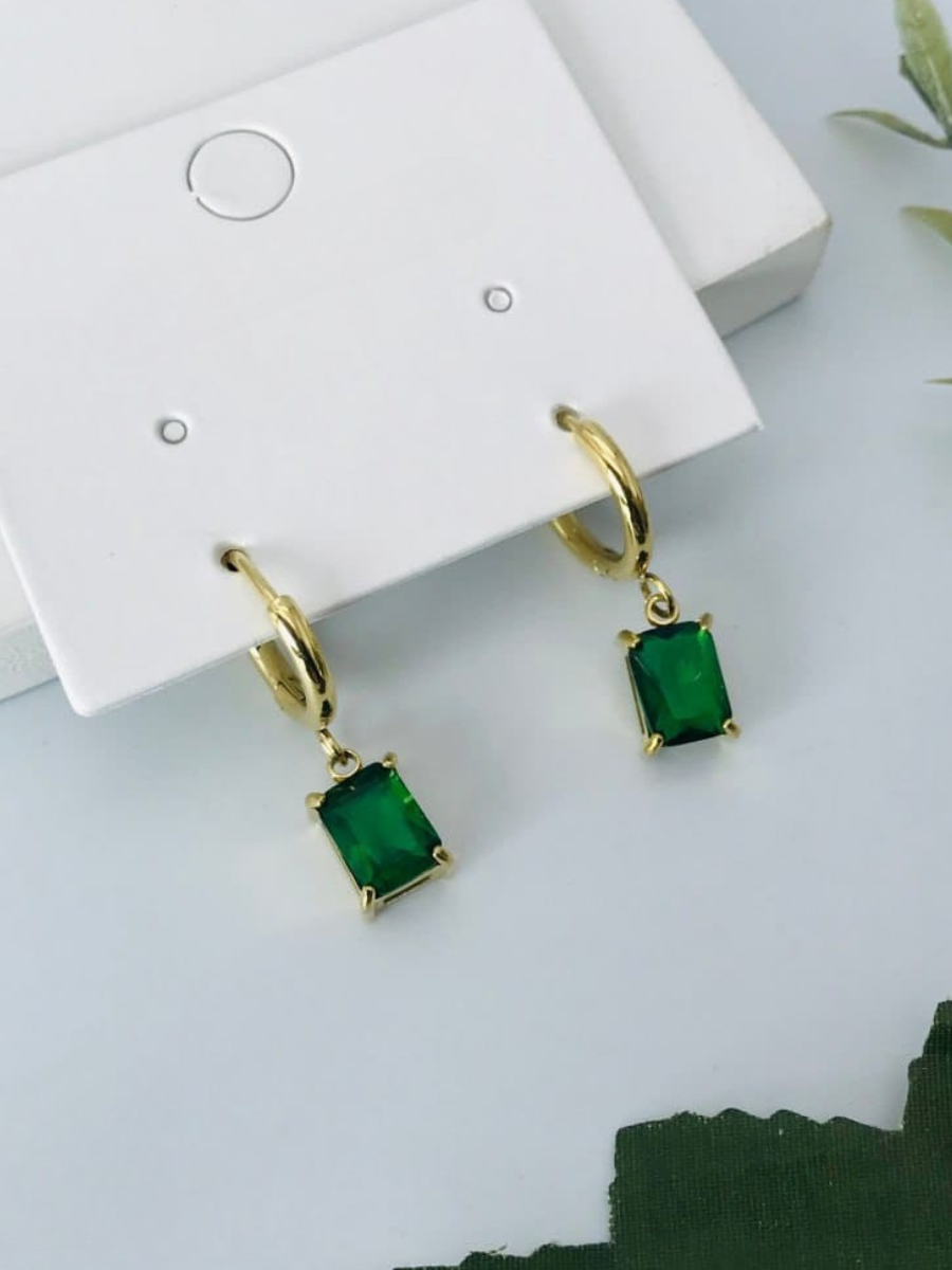 Rectangular Green Stone Drop Golden Huggie Hoop Earrings