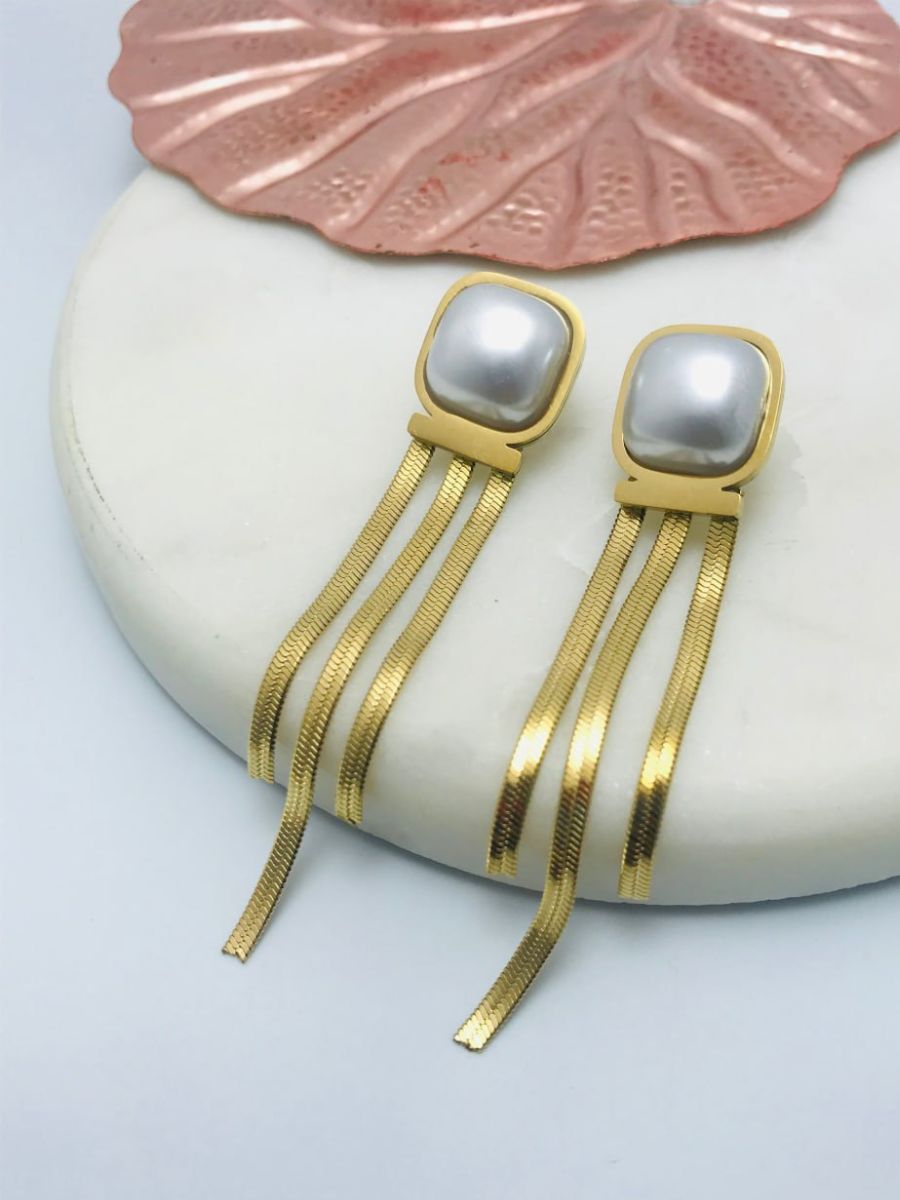 Buy Rectangular Pearl Studded Long Snake Chain Hanging Earrings Online - TheJewelbox